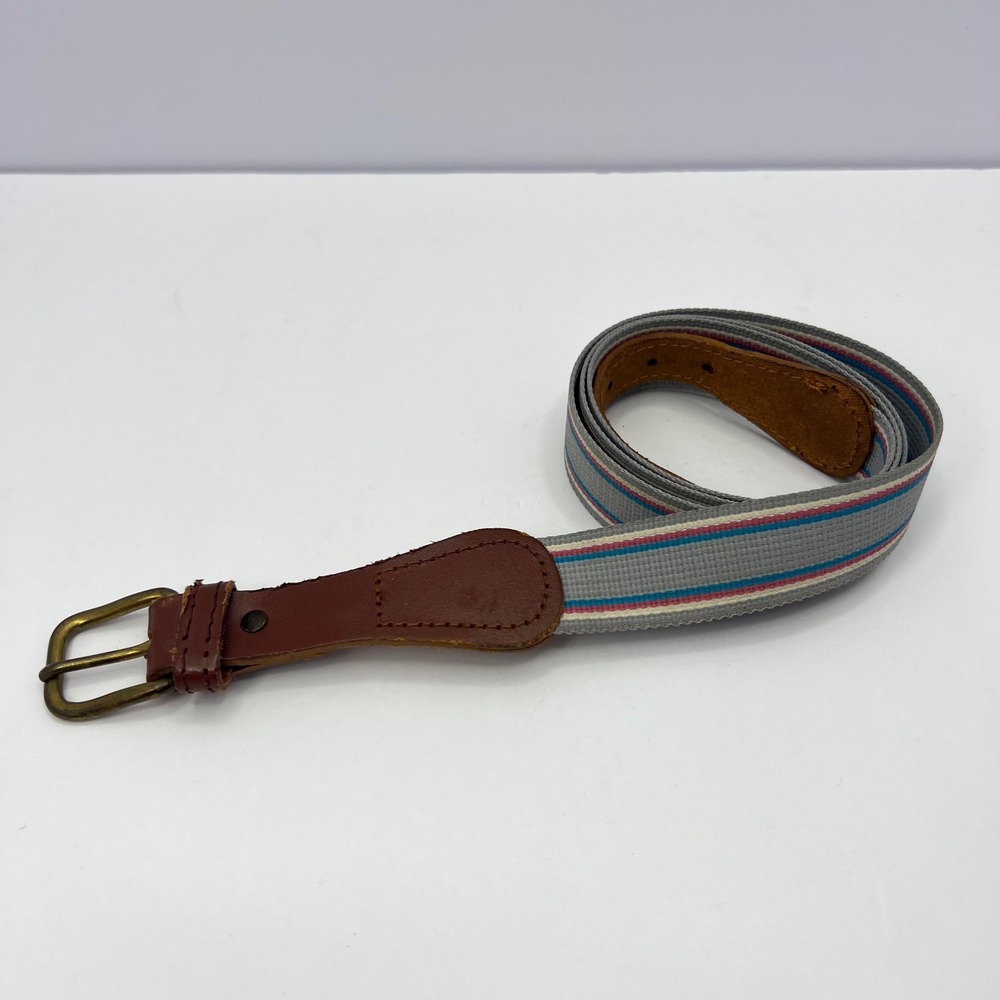 Vintage Gray Striped Webbing‎ Belt Unisex 38/39 Leather Trim Brass Buckle Preppy